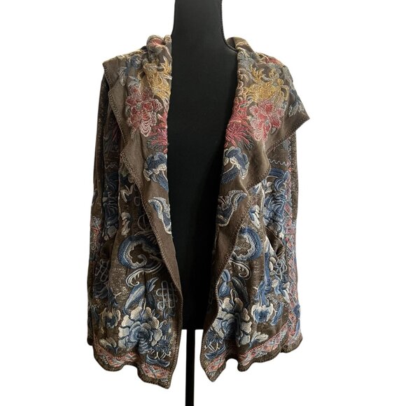 Pre owned Johnny Was BIYA Srika Khaki Green Shimmer Sueded Embroidered Hoodie - Picture 2 of 16